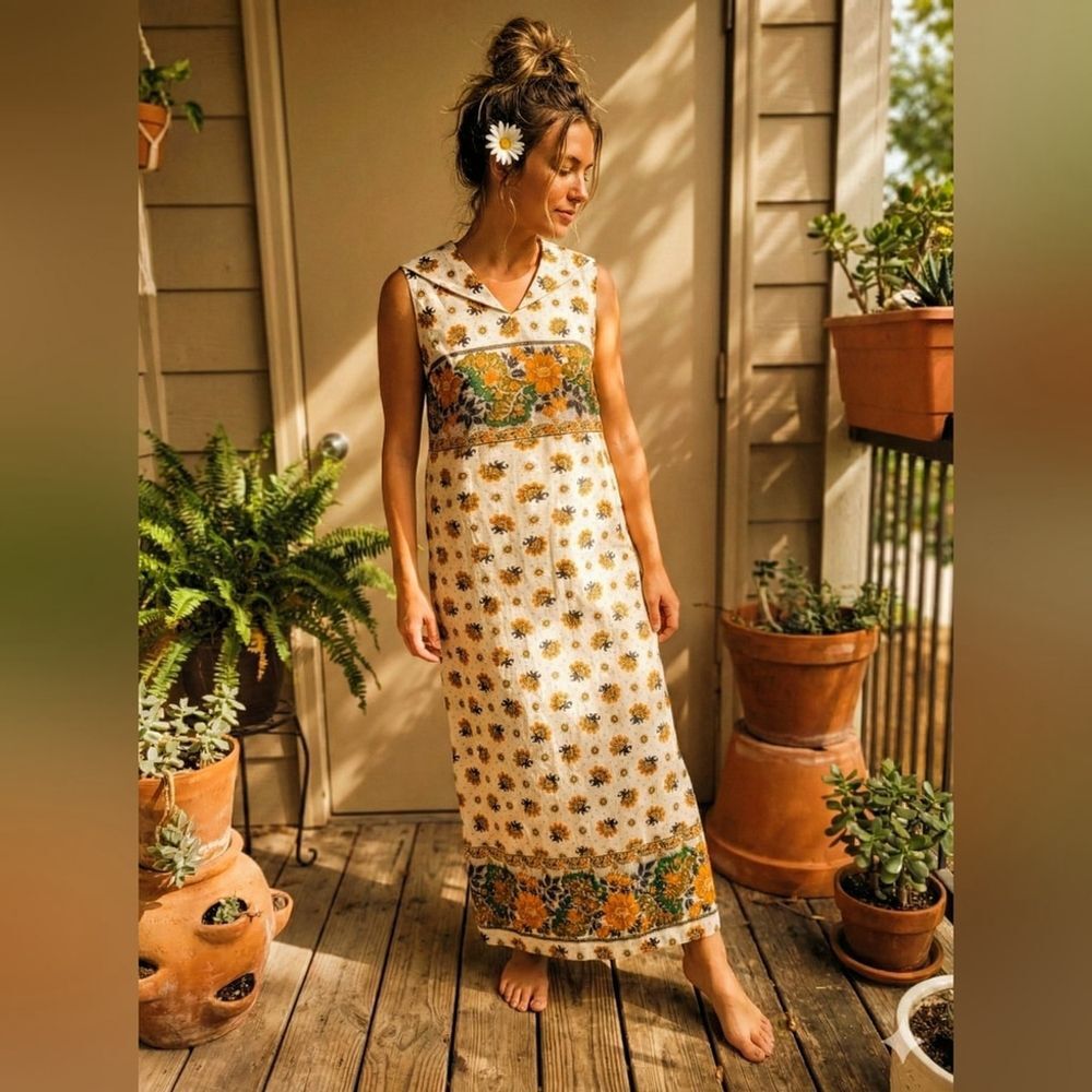 Vintage 60s/70s Floral Maxi House Dress – Retro Sunshine Print